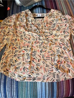 CAbi Cream Abstract Print Wrap Blouse with Black and Pink Accents